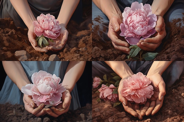 Closeup of a womans hands holding a peony blossom