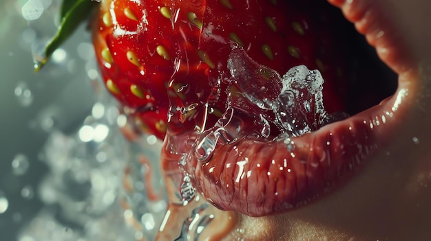 Photo closeup of a womans lips biting into a fresh juicy strawberry