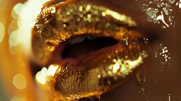 Photo closeup of a womans lips covered in gold leaf