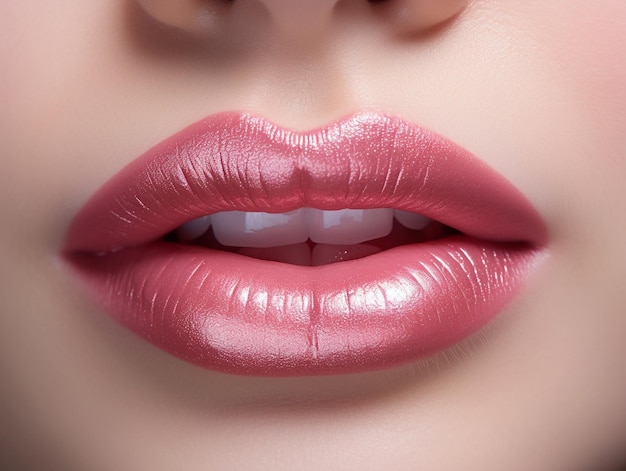 Closeup of womans lips with bright natural pink glossy makeup Generative AI