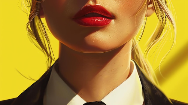 Photo closeup of a womans lips with bright red lipstick she is wearing a white shirt and black suit jacket