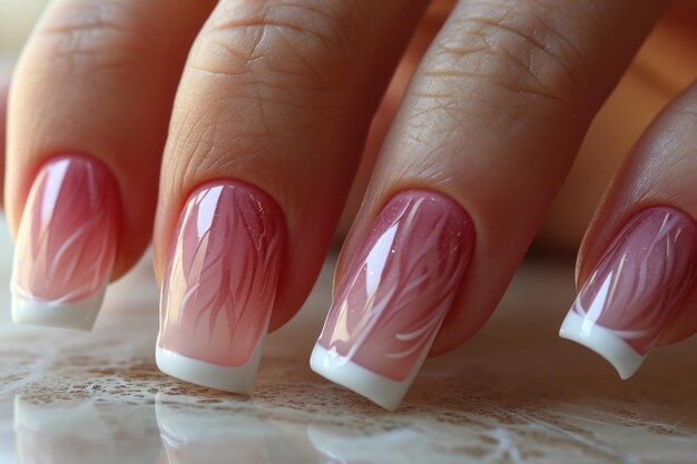 Closeup of a womans manicure in pink tones perfectly executed