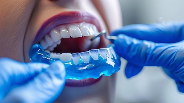 Photo a closeup of a womans mouth with a blue dental impression tray the woman is smiling and the dentist is holding the tray in place