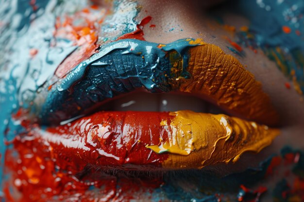 Photo closeup of womans mouth with paint vibrant artistic expression