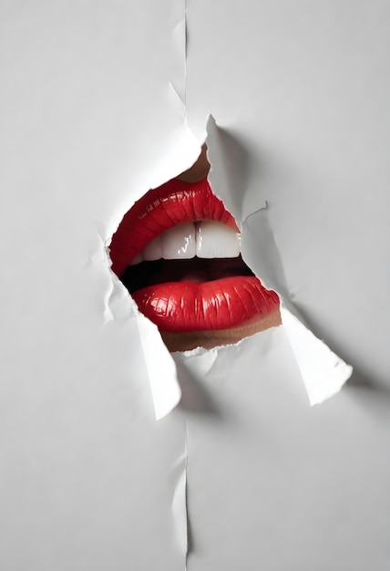 Closeup of a womans red lips and nose visible through a torn white paper