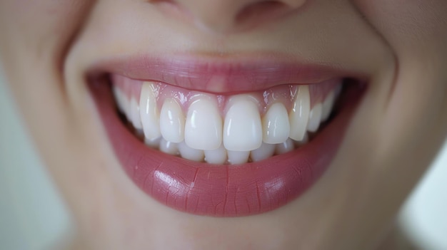 Photo closeup of a womans smile with healthy white teeth and pink lips