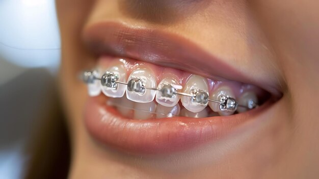 Photo closeup of a womans teeth with braces the woman is smiling showing off her new smile