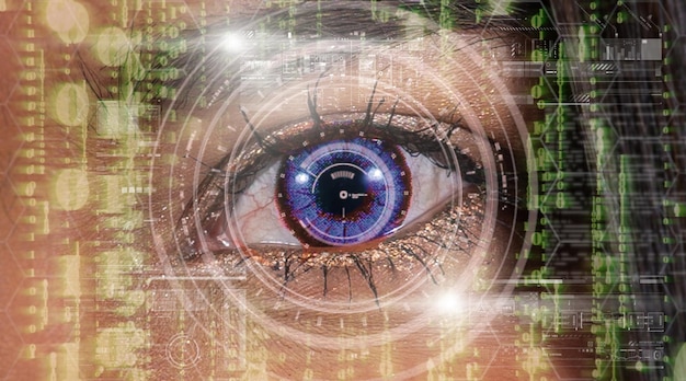 Closeup women eye with futuristic digital technology over the number digic background