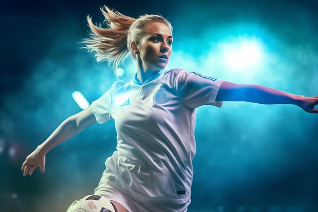 Closeup of a women worldcup football night match Generative AI