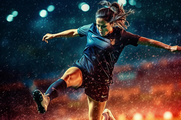 Foto primo piano di una partita notturna di calcio femminile di coppa del mondo ia generativa