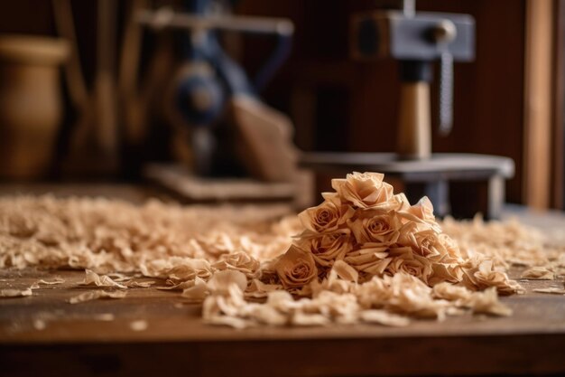 Foto primo piano dei trucioli di legno sul tavolo dell'officina creato con l'intelligenza artificiale generativa