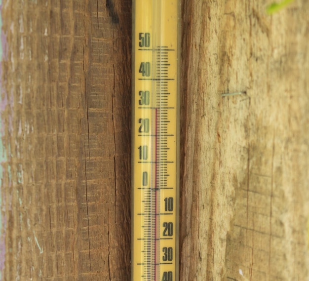 木の温度計のクローズアップ干ばつの概念