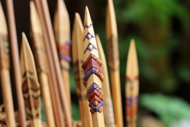 Closeup of wooden arrows with natural fletching created with generative ai