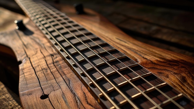 木製のベースギターのクローズアップ