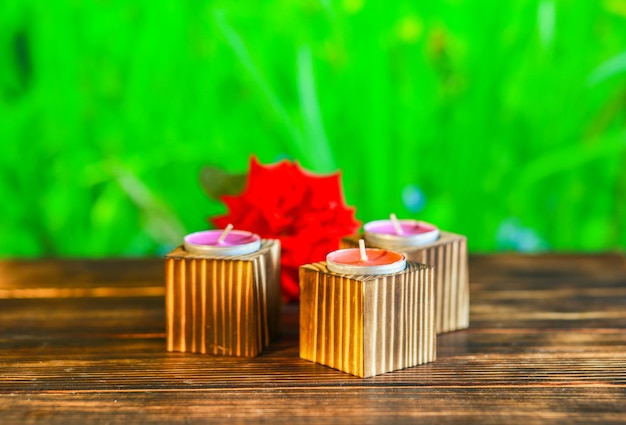 Closeup of wooden candle holders with tea light on red rose petals and blurred green background