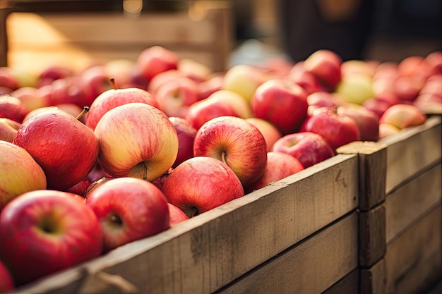 Closeup of wooden crates full of ripe apples