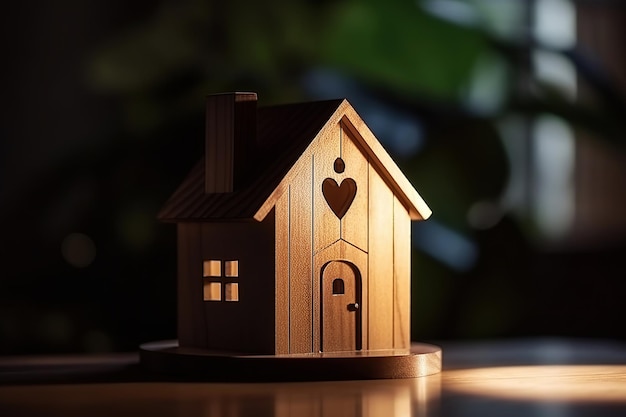 Closeup of a wooden figure of a small onestory house A miniature statuette made of light wood stands on a table in the room Blurred background Generative AI illustration