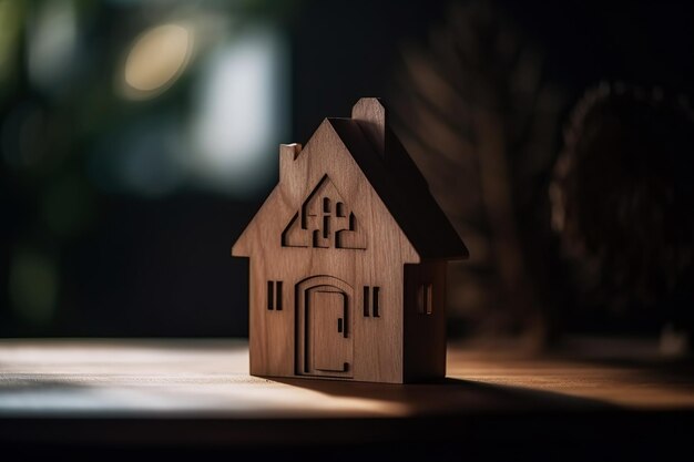 A closeup wooden figure of a small onestory house stands on a table in the room Blurred background Generative AI illustration