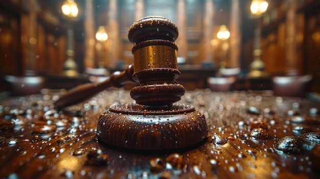 Photo closeup of wooden gavel in courtroom with water drops