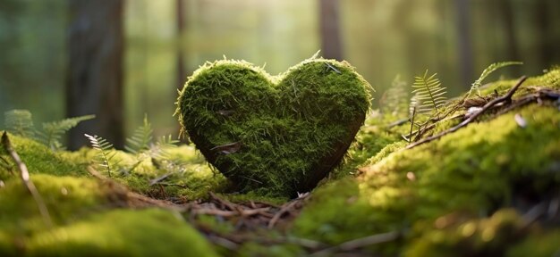 Closeup of wooden heart on moss Natural burial grave in the woods Generative AI