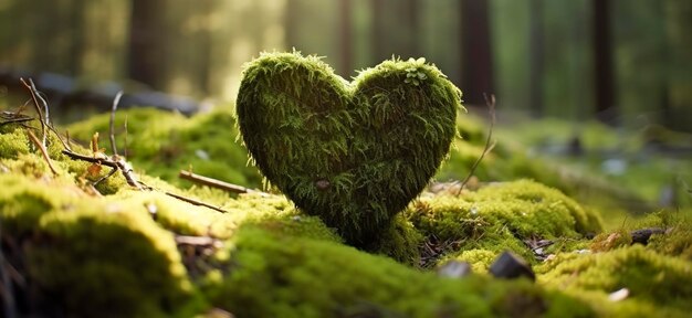 Foto primo piano del cuore di legno sul muschio tomba di sepoltura naturale nei boschi ia generativa