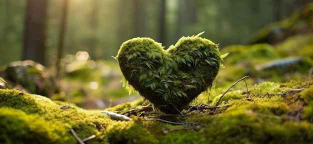 Closeup of wooden heart on moss Natural burial grave in the woods Generative AI