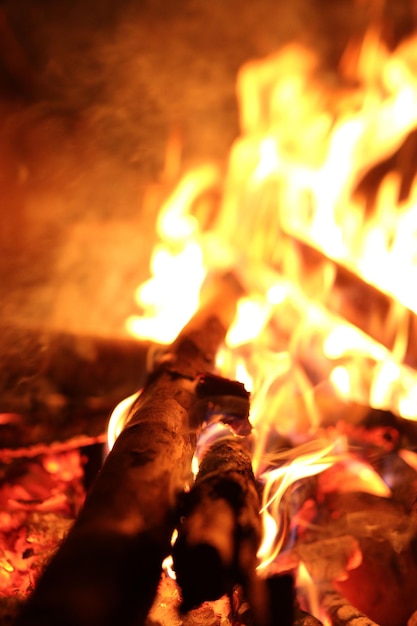 Closeup of wooden pieces burning in bright fire flames