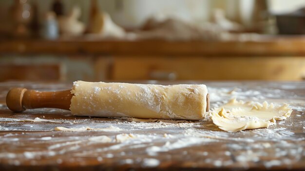 Foto close-up di un rodino di legno su un tavolo di legno coperto di farina e pasta il rodino è fatto di legno leggero