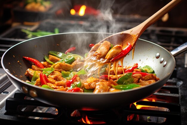 Closeup of a wooden spoon mixing chicken and vegetables in a wok