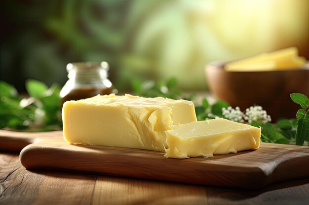 Closeup of wooden table with fresh butter