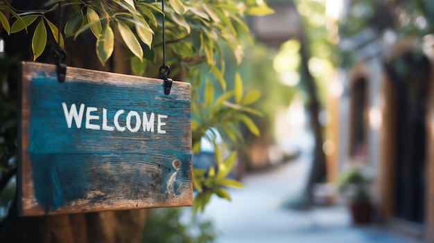 Closeup of a wooden welcome sign hanging on a sunlit entrance evoking a warm inviting atmosphere