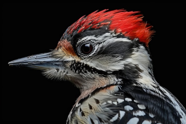 closeup of a woodpecker its red crest and sharp beak are the focus of the image