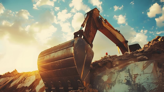 Closeup of working excavator bucket on the sky background