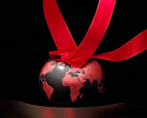 A closeup of a world globe with a red ribbon symbolizing the fight against AIDS