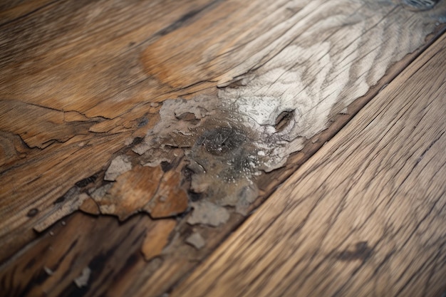 Closeup of worn wooden flooring with visible wear and tear