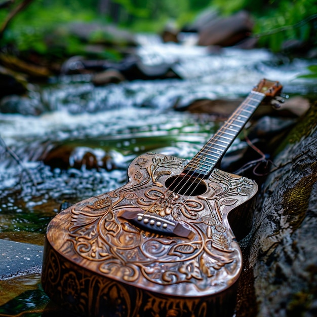 A closeup of a wornout acoustic guitar