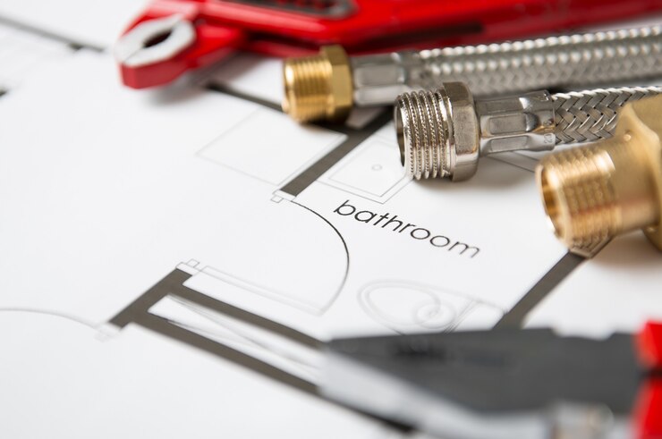 Closeup Of Wrench And Pipes On Bathroom Blueprint