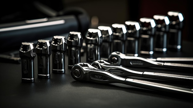 Closeup of Wrenches Lined Up on a Workshop Table