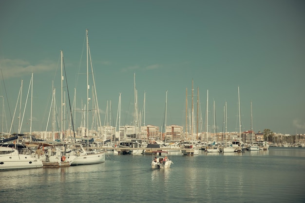 Closeup of yachts in the marina at sea