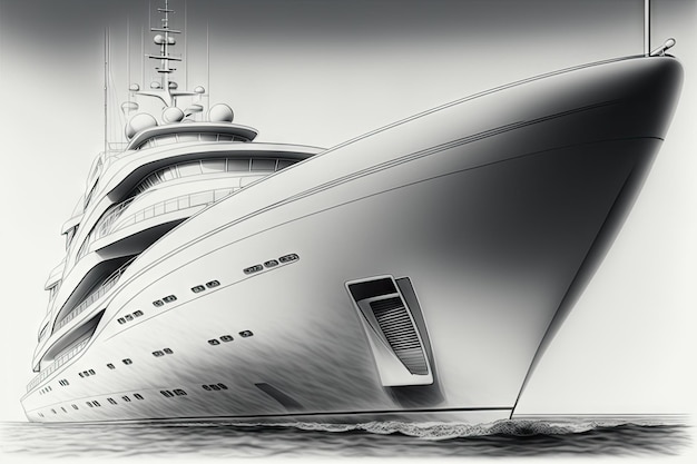 Closeup of yachts sleek exterior with pencil lines and shading