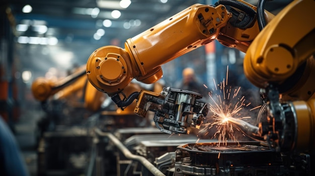 Closeup yellow arm robot welding metal pipe part in industry factory