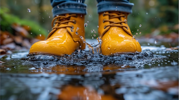 Photo closeup of yellow boots splashing in a puddle during rainy weather