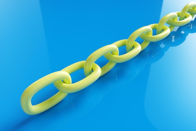 Closeup of a yellow chain on a blue background 3d rendering illustration