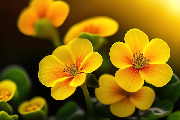 Closeup yellow flower of garden Nasturtium or Indian cress edible food plant with yellow petals a