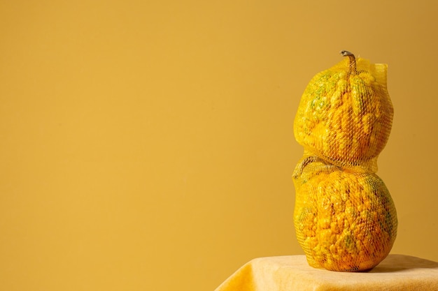 Closeup of yellow pumpkin vegetable creative concept on yellow background Autumn decoration Farm organic autumn vegetables Closeup view