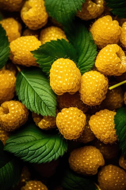 Photo closeup of yellow raspberries with green leaves