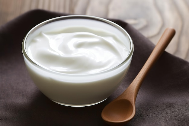 Closeup of yogurt in ceramic bowl illuminated by soft light