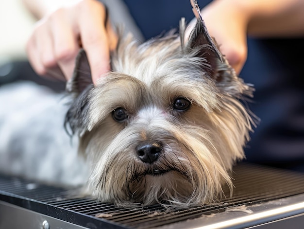 Foto close-up di una testa di yorkshire terrier su un tavolo di pulizia e le mani di un pulitore con gli attrezzi