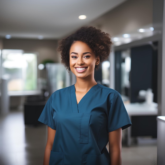 Closeup of a young Afro nurse smiling in her workplace