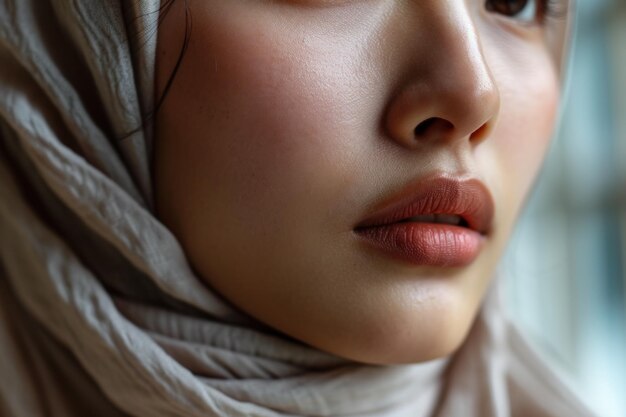 Closeup Young Arabian woman neck and lips in hijab